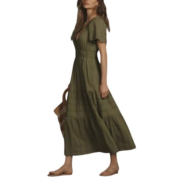 Anthropologie Dresses & Skirts - Anthropologie Moss Green Somerset Tiered V Neck Cotton Maxi Dress
